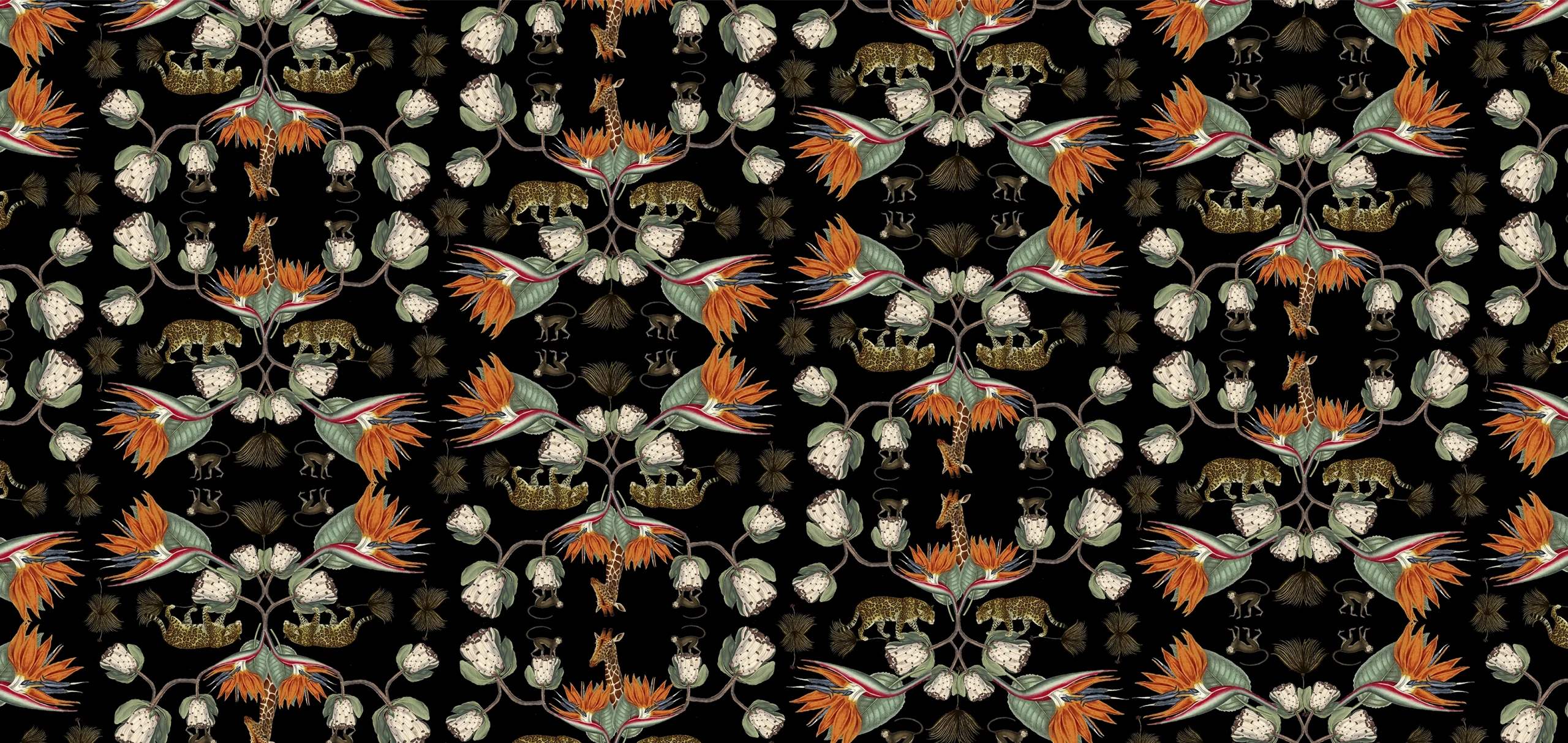 Ark Paper Studio Collection APS01 Strelitzia, Leopard & monkey black background print