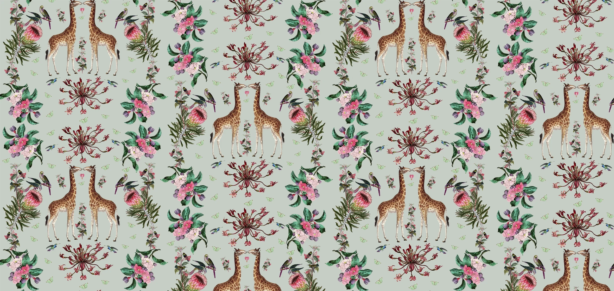 Ark Paper Studio Collection APS07 Two Giraffes, protea, flowers and greenery with grey background print