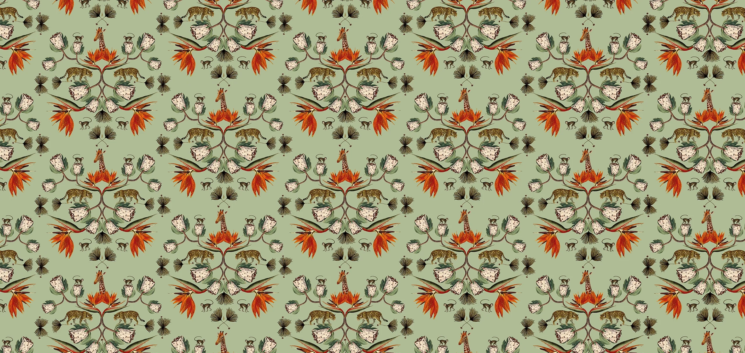 Ark Paper Studio Collection APS09 Strelitzia, Leopard, Giraffe & monkey with green background print