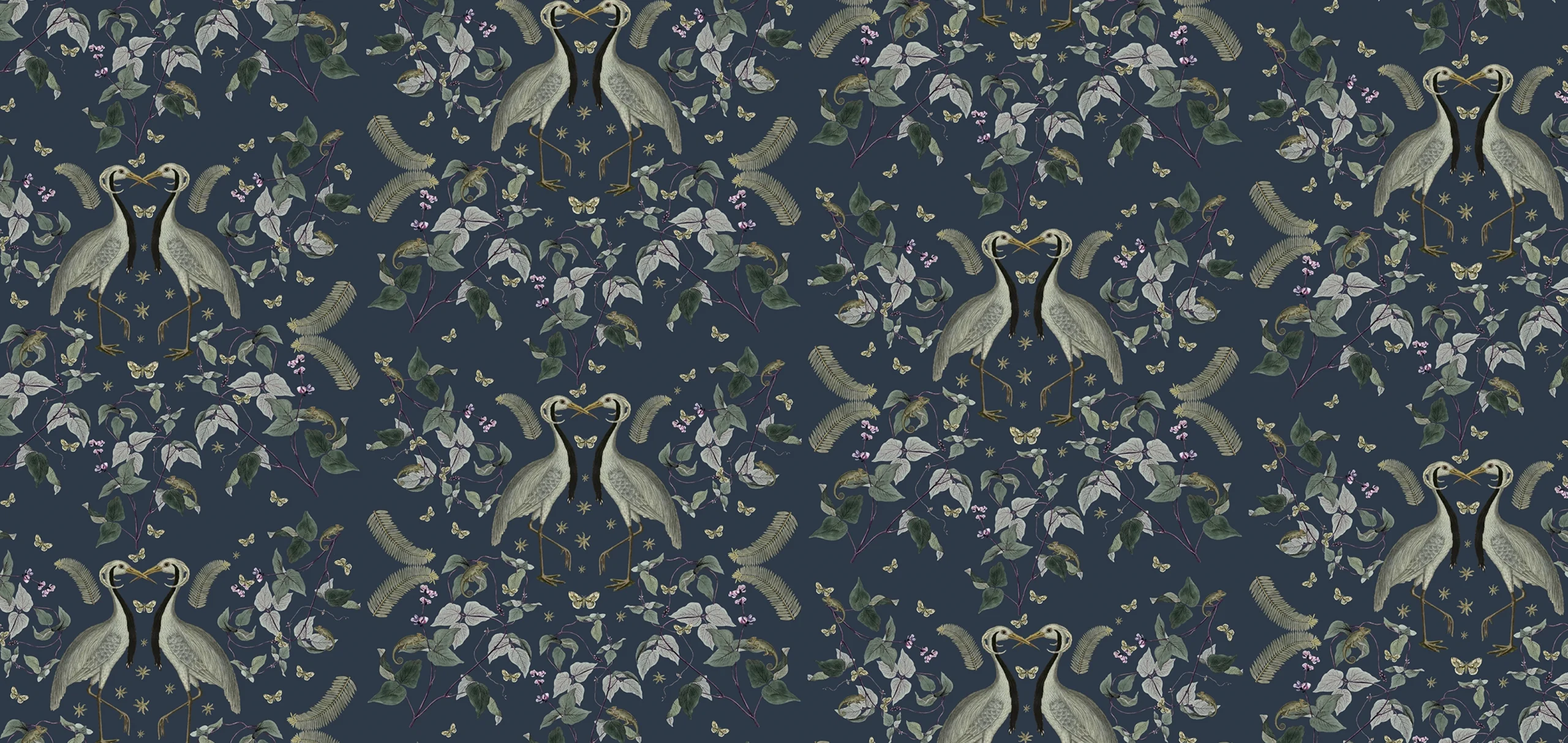 Ark Paper Studio Collection APS13 Two Herons, grey leaves with navy blue background print