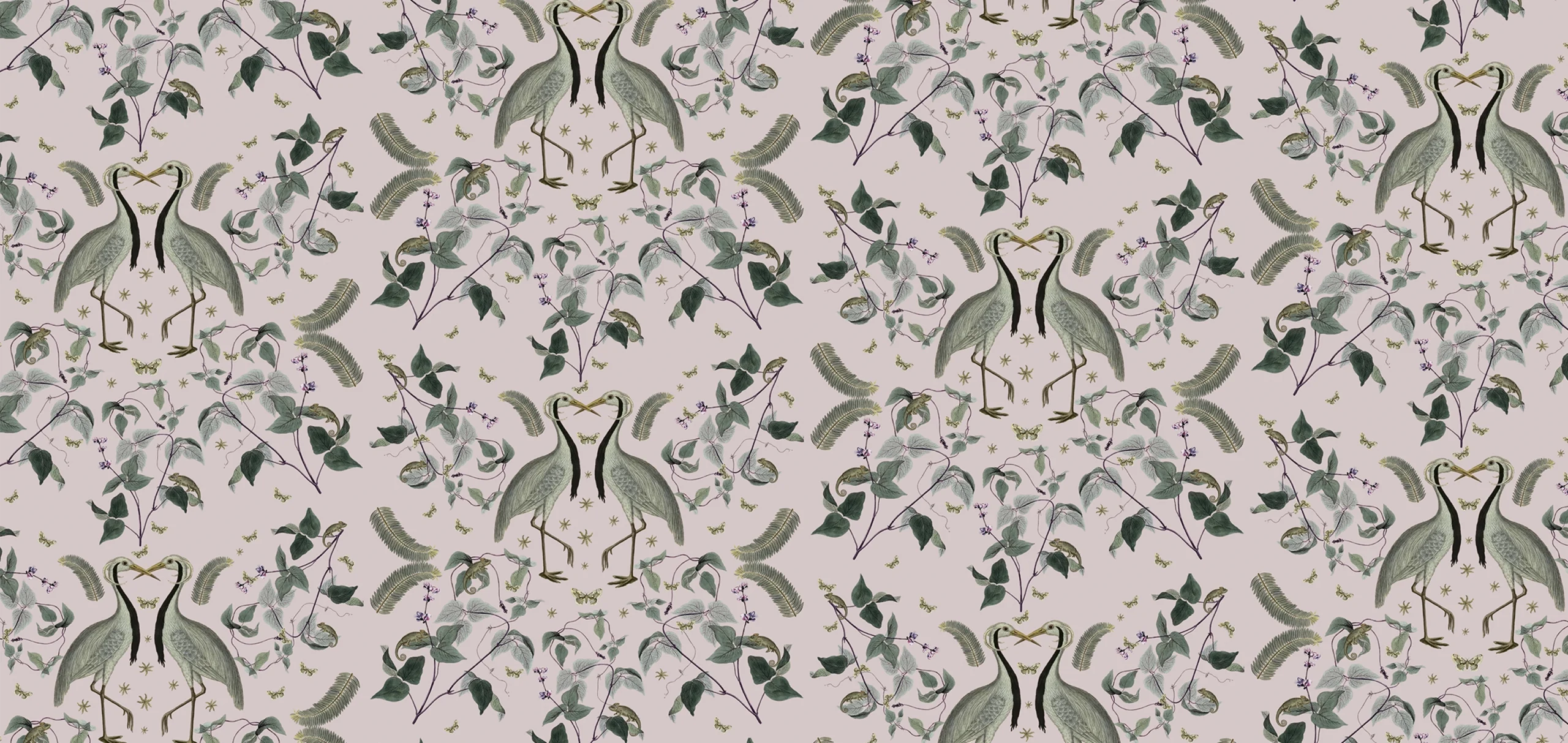 Ark Paper Studio Collection APS05 Two Herons, grey leaves with lilac background print