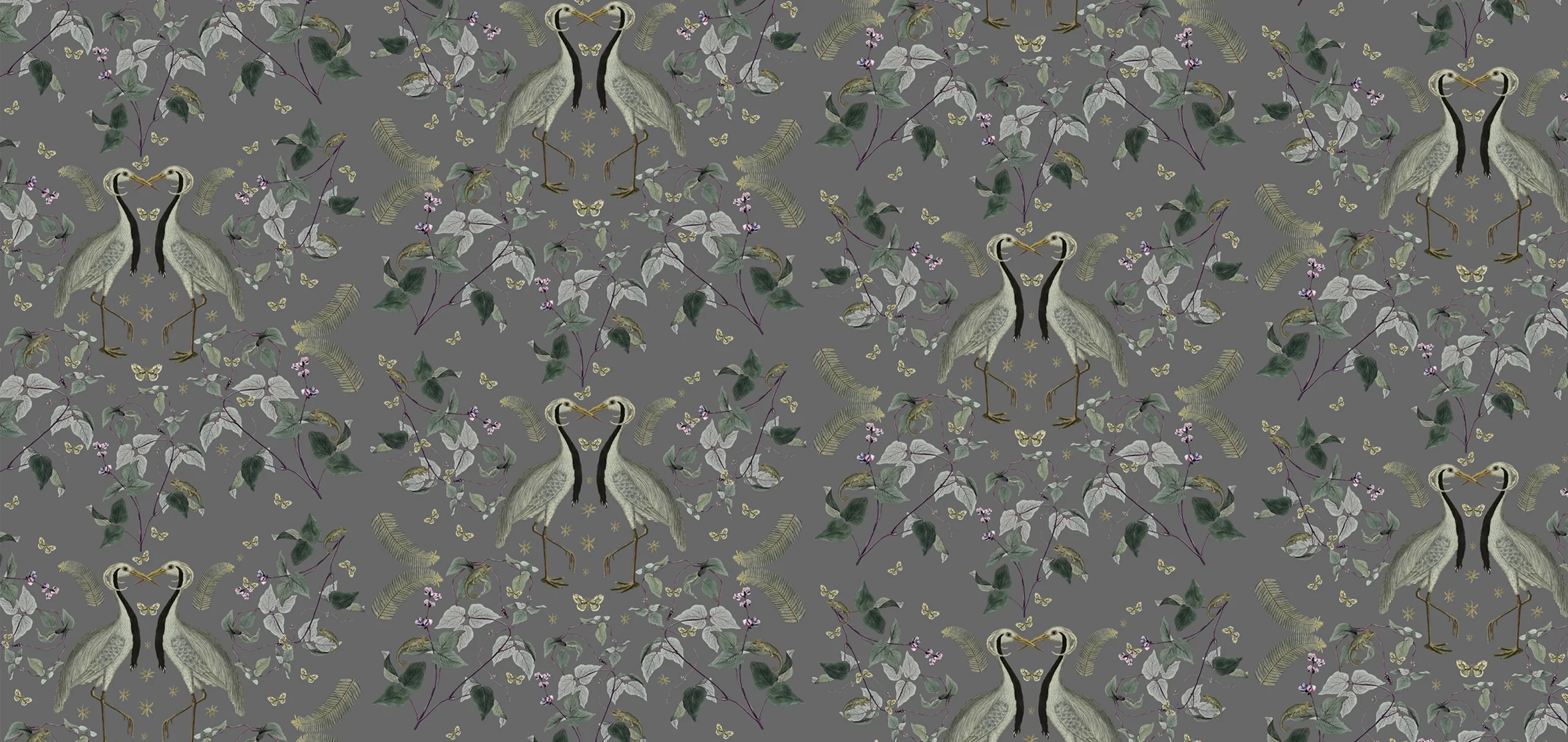 Ark Paper Studio Collection APS05 Two Herons, grey leaves with dark grey background print